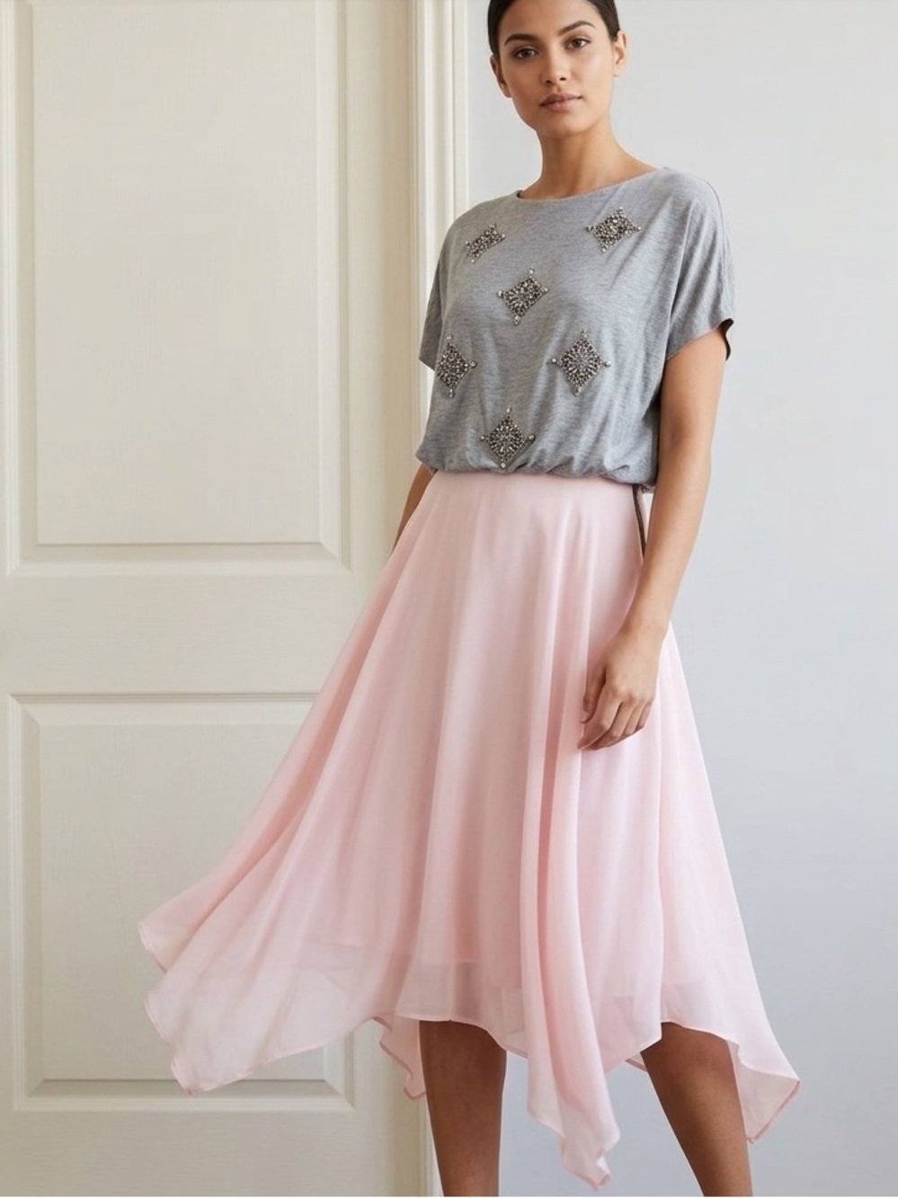 Ted Baker Miral Contrast Dress Beaded Chiffon Midi Skirt Size 2 US 6
